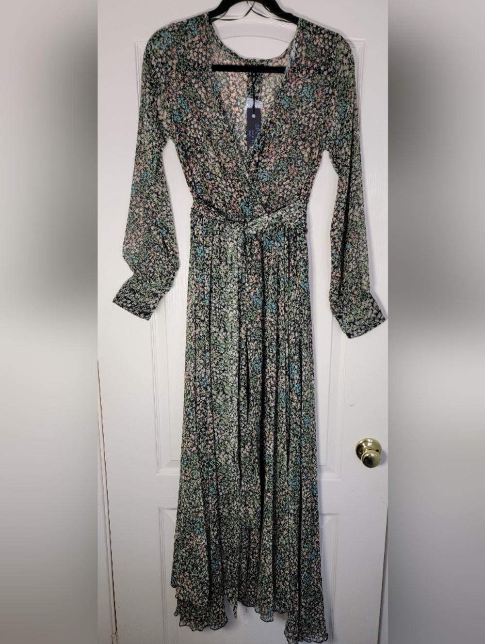 SPY ZONE EXCHANGE Black Floral Chiffon Sheer V-Neck Maxi Dress Long Sleeve S